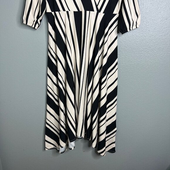 NWOT Soft Surroundings V-Neck Stripe Midi Dress Asymmetrical Hem Puff Sleeve PM - Picture 3 of 10
